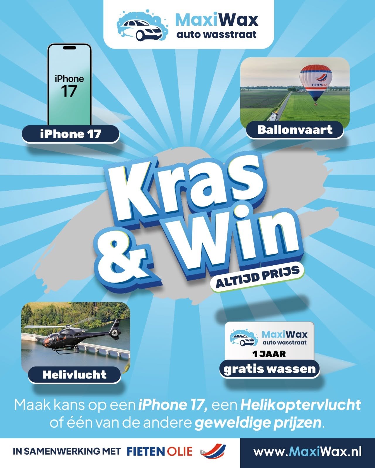 Poster Kras & Win actie van MaxiWax: gratis kraskaart bij het beste wasprogramma